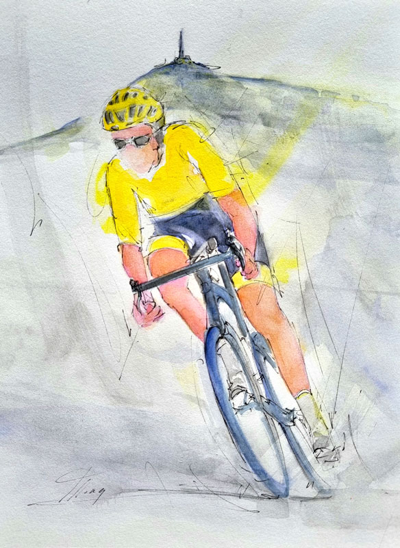 Tour de france 2023 - Le maillot jaune au sommet du puy de dôme - Peinture à l'aquarelle par l'artiste peintre Lucie Llong