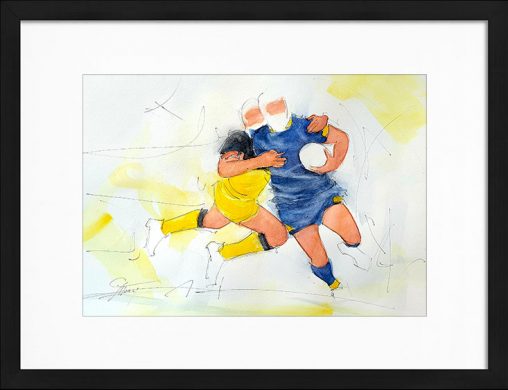Tableau de sport - Match de rugby entre l'ASM et La rochelle - Aquarelle par Lucie LLONG, artiste Peintre du mouvement
