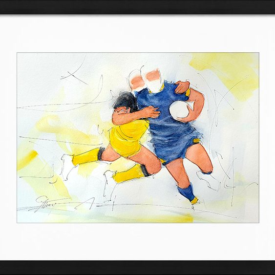 Tableau de sport - Match de rugby entre l'ASM et La rochelle - Aquarelle par Lucie LLONG, artiste Peintre du mouvement