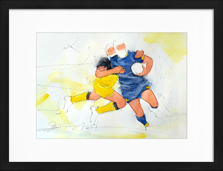 Tableau de sport - Match de rugby entre l'ASM et La rochelle - Aquarelle par Lucie LLONG, artiste Peintre du mouvement