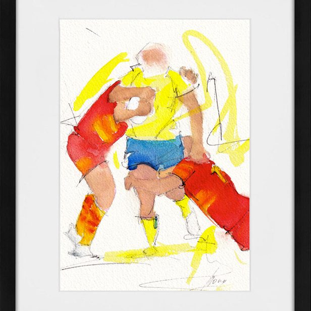 Peinture à l'aquarelle de sport | TOP 14 | tableau de rugby par Lucie LLONG, artiste peintre du mouvement