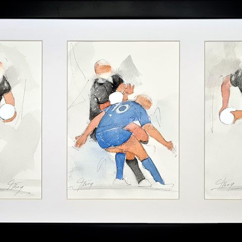 Aquarelle de rugby - Peinture du XV de France face aux All Blacks par Lucie LLONG, artiste peintre du mouvement et du sport