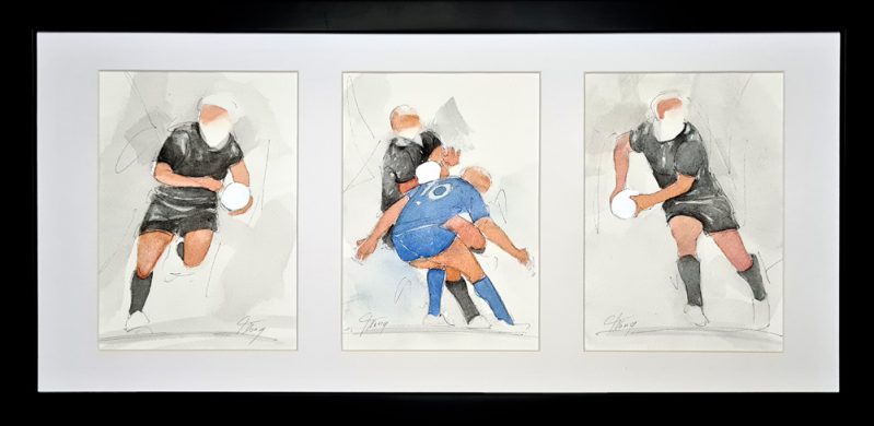 Aquarelle de rugby - Peinture du XV de France face aux All Blacks par Lucie LLONG, artiste peintre du mouvement et du sport