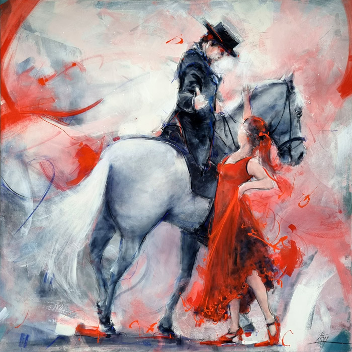 Tableau de flamenco equestre | Danseuse, cheval et cavalier uns dans une danse | Peinture de Lucie LLONG, artiste peintre du mouvement