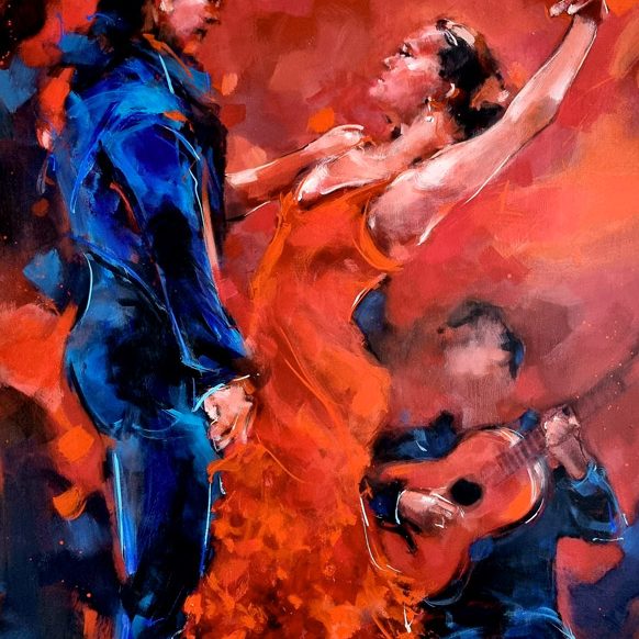 Tableau de DANSE | Couple de danseurs de tango accompagné par la guitare | Peinture par Lucie LLONG, artiste peintre du mouvement