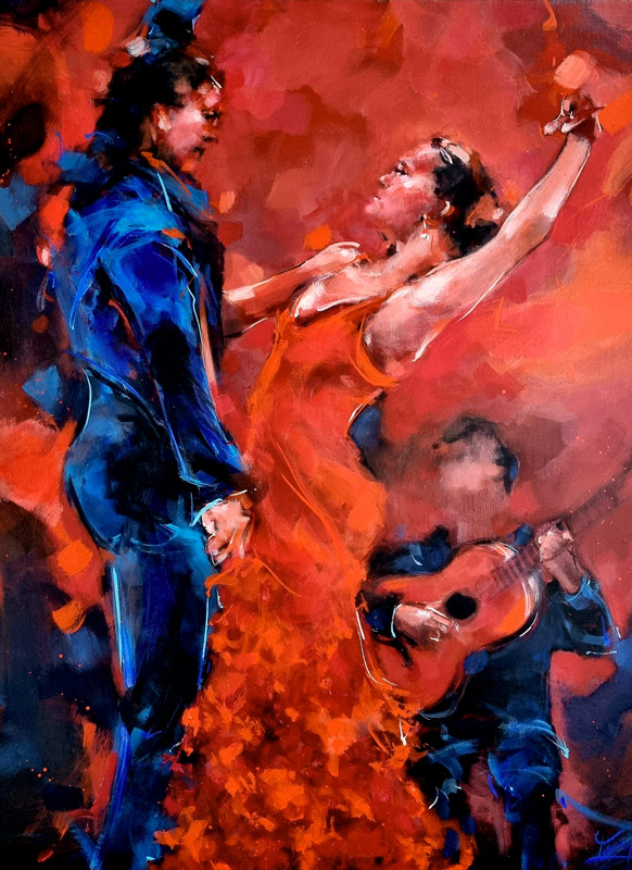 Tableau de DANSE | Couple de danseurs de tango accompagné par la guitare | Peinture par Lucie LLONG, artiste peintre du mouvement