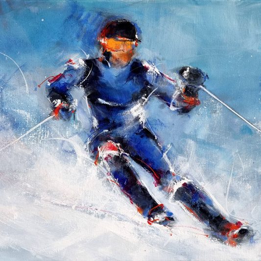 ski painting - Skier on the slopes - Sport painting by Lucie LLONG, Artist of movement