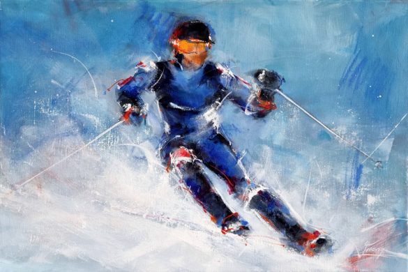 ski painting - Skier on the slopes - Sport painting by Lucie LLONG, Artist of movement
