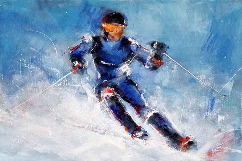 peinture de ski - Skieur sur les pistes - Tableau de sport par Lucie LLONG, artiste peintre du mouvement