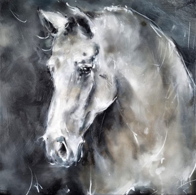Portrait d'un cheval gris à la peinture à l'huile | Tableau d'équitation par Lucie LLONG, artiste peintre du mouvement et du sport