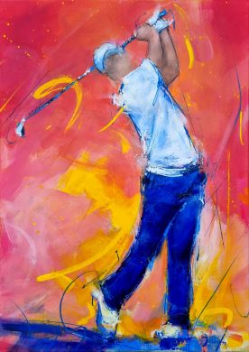 Tablea de sport - Painting on canvas of a golfer in motion - Birdie - Painting by Lucie LLONG, painter artist