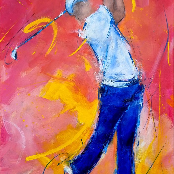Tablea de sport - Peinture sur toile d'un golfeur en mouvement - Birdie - Tableau par Lucie LLONG, artiste peintre