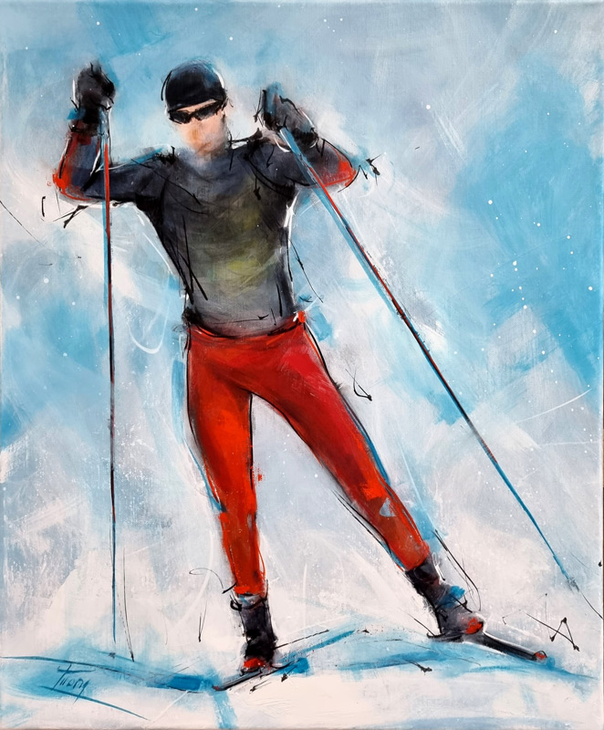 Tableau de sport | Peinture d'un skieur de fond en skating par Lucie LLONG, artiste peintre du mouvement et du sport