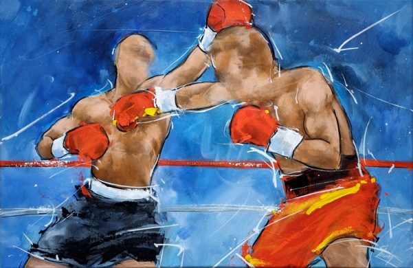 Peinture de boxe | combat de boxe anglaise sur le ring | Tableau de sport par Lucie LLONG, artiste peintre du mouvement
