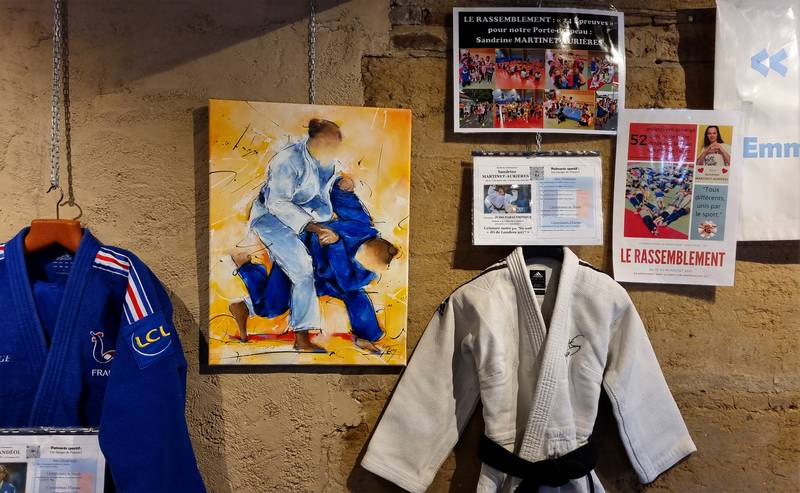 Photo de l'exposition le sport dans tous ses États - Tenue de Sandrine Martinet et peinture de Lucie LLONG sur le judo
