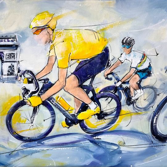 Peinture de sport - Tour de France - L'arrivée du maillot jaune sur les Champs Elysées à paris - Peinture de cyclisme par Lucie LLONG, artiste peintre du mouvement et du sport