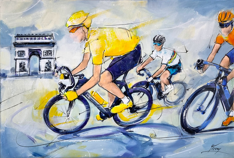 Peinture de sport - Tour de France - L'arrivée du maillot jaune sur les Champs Elysées à paris - Peinture de cyclisme par Lucie LLONG, artiste peintre du mouvement et du sport