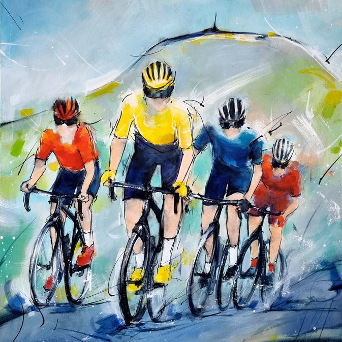 Tableau de sport - peinture de cyclisme - Tour de France - Le retour du maillot jaune au sommet du Puy-de-dôme - Lucie LLONG, artiste peintre du sport et du mouvement