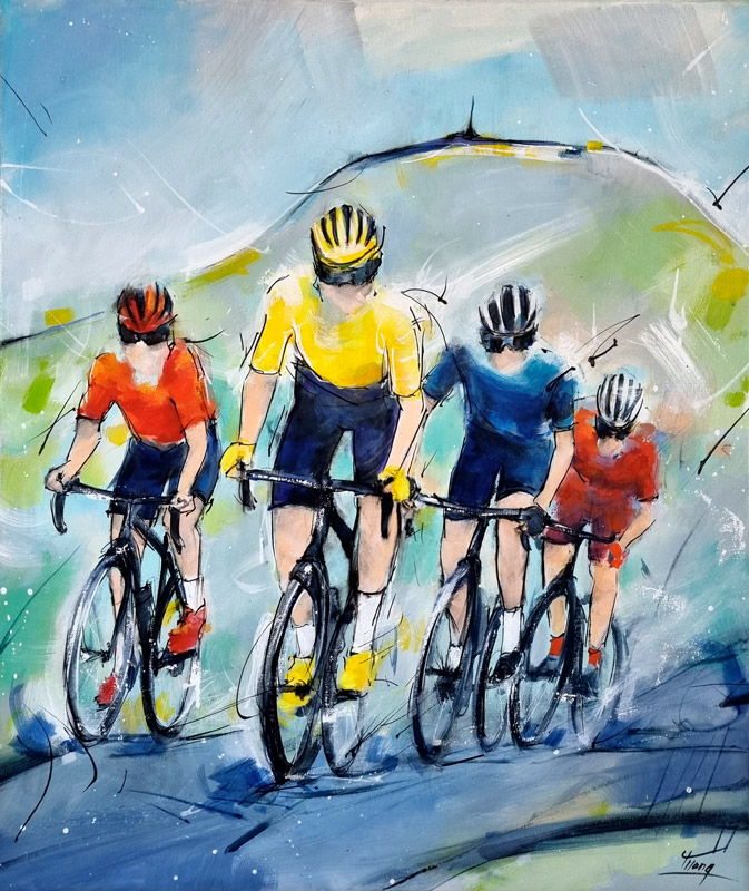 Tableau de sport - peinture de cyclisme - Tour de France - Le retour du maillot jaune au sommet du Puy-de-dôme - Lucie LLONG, artiste peintre du sport et du mouvement