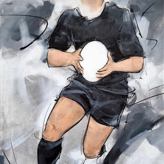 Peinture sur toile de sport - Tableau de rugby - joueur néo-zélandais avec le ballon - All Blacks - Tableau de Lucie LLONG, artiste peintre du mouvement