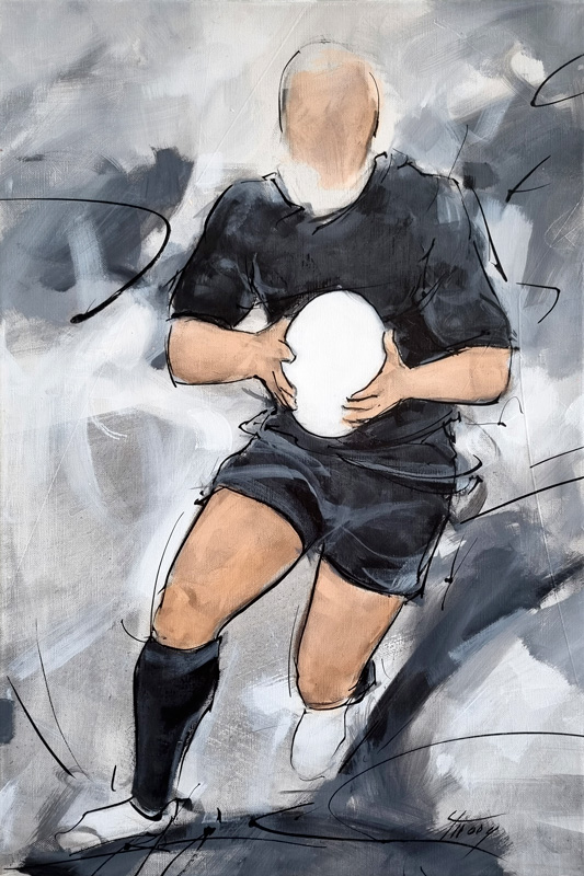 Peinture sur toile de sport - Tableau de rugby - joueur néo-zélandais avec le ballon - All Blacks - Tableau de Lucie LLONG, artiste peintre du mouvement
