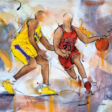 Basketball painting - Sport painting by Lucie LLONG - NBA - Michael Jordan of the Chicago Bulls vs Magic Johnson of the Los Angeles Lakers - A legendary duel between 2 of the best players in the NBA's history