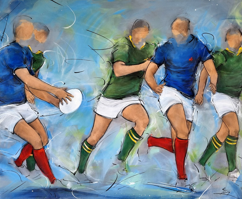 tableau de rugby | Le XV de france face aux Springboks d'Afrique du sud, triples champions du monde lors d'un match de rugby | Peinture de sport par Lucie LLONG, artiste peintre du mouvement et du sport