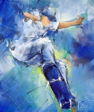 Skateboard painting - skateboarder at the Paris 2024 Olympic Games - Sport painting by Lucie LLONG, movement artist