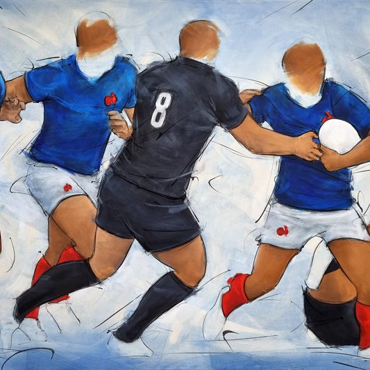 tableau de rugby | Le XV de france face aux All Blacks de Nouvelle Zélande, triples champions du monde lors d'un match de rugby | Peinture de sport par Lucie LLONG, artiste peintre du mouvement et du sport