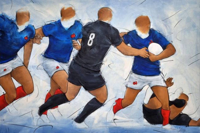 tableau de rugby | Le XV de france face aux All Blacks de Nouvelle Zélande, triples champions du monde lors d'un match de rugby | Peinture de sport par Lucie LLONG, artiste peintre du mouvement et du sport