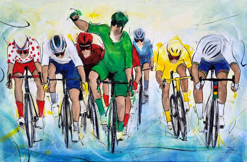 Tableau de sport | Cyclisme | Arrivée serrée du maillot vert, jaune, à point et arc en ciel lors d'une étape du tour de France - Painting by Lucie LLONG, painter of the movement