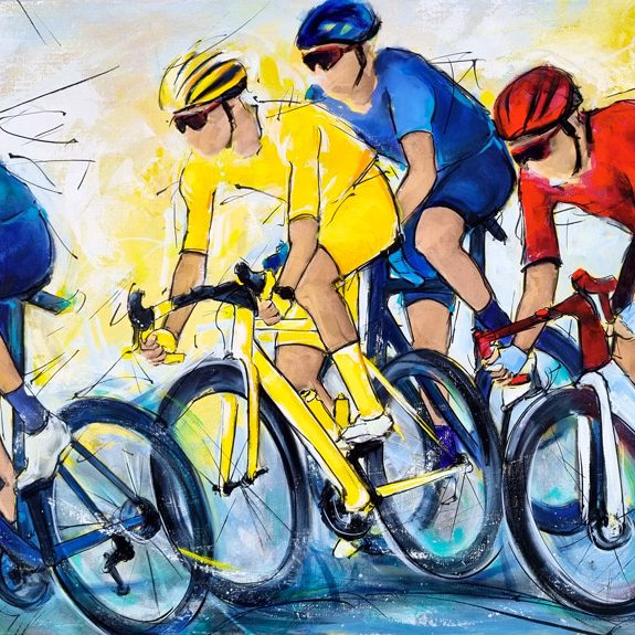 Peinture de cyclisme | Tour de France | le maillot jaune dans le peloton en peinture | Tableau de sport par Lucie LLONG, artiste peintre du mouvement