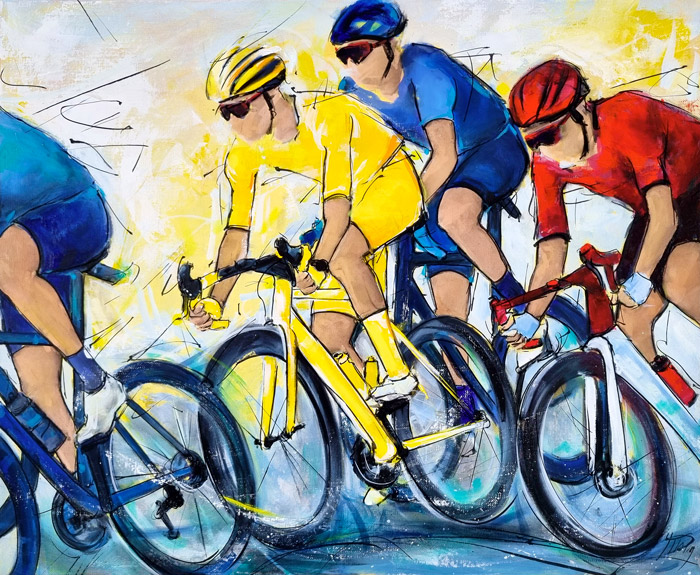 Peinture de cyclisme | Tour de France | le maillot jaune dans le peloton en peinture | Tableau de sport par Lucie LLONG, artiste peintre du mouvement