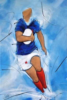 Tableau de sport | Peinture d'un joueur de rugby du XV de France avec le ballon | FRANCE 2023 | Tableau de sport par Lucie LLONG, artiste peintre du mouvement