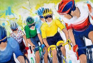 Tableau de sport | Cyclisme | Le maillot jaune, le maillot vert et le maillot à pois au cœur du peloton lors d'une étape du Tour de France - Peinture par Lucie LLONG, artiste peintre du mouvement