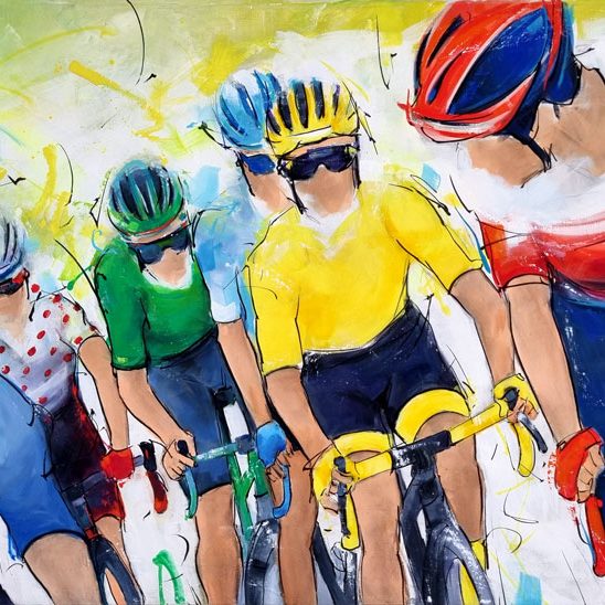 Tableau de sport | Cyclisme | Le maillot jaune, le maillot vert et le maillot à pois au cœur du peloton lors d'une étape du Tour de France - Peinture par Lucie LLONG, artiste peintre du mouvement