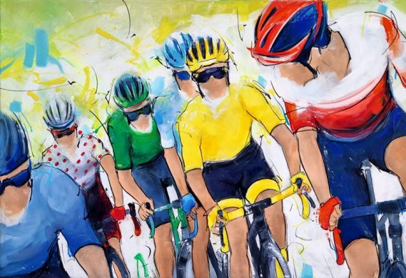Tableau de sport | Cyclisme | The yellow jersey, the green jersey and the polka dot jersey at the heart of the peloton during a stage of the Tour de France - Painting by Lucie LLONG, sports artist
