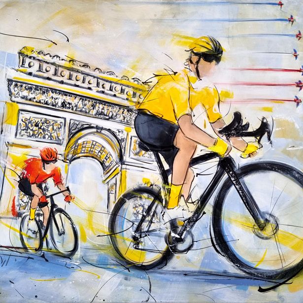 Tableau de sport | Cyclisme | Le maillot jaune remonte les Champs-Elysées pour la victoire finale sur le Tour de France - Peinture par Lucie LLONG, artiste peintre du mouvement