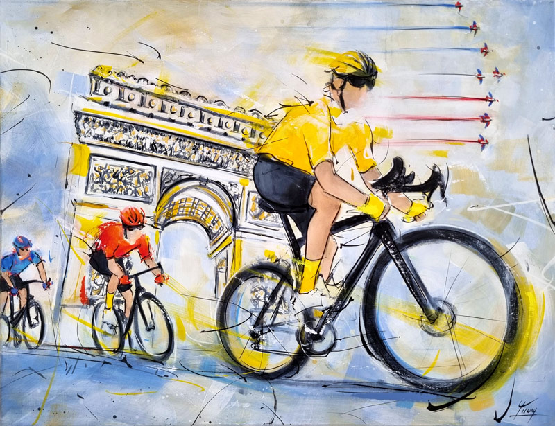 Tableau de sport | Cyclisme | Le maillot jaune remonte les Champs-Elysées pour la victoire finale sur le Tour de France - Peinture par Lucie LLONG, artiste peintre du mouvement