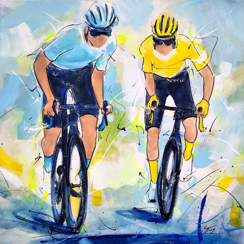 Tableau de sport | Cyclisme | Echappée du maillot jaune et d’un autre coureur lors d'une étape de montagne | Tour de France - Peinture par Lucie LLONG, artiste peintre du mouvement