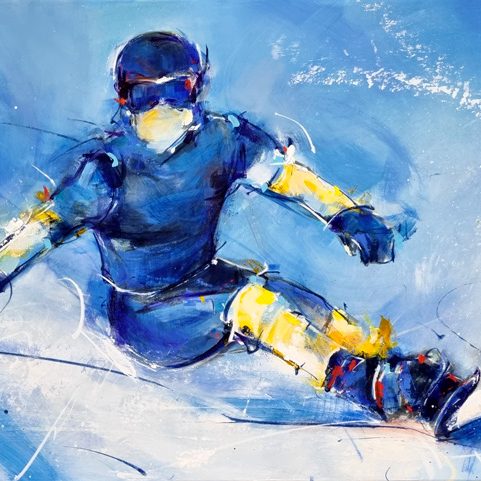 sport painting - Snowboarding a slope in La plagne - Art painting by Lucie LLONG, artist of movement and sport