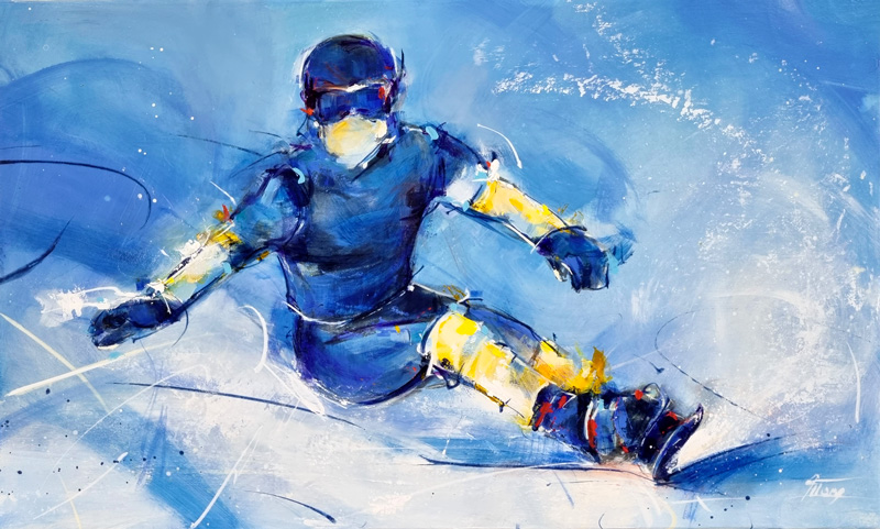 peinture de sport - Snowboard sur la roche, une piste de La plagne - Peinture d'art par Lucie LLONG, artiste peintre du mouvement et du sport