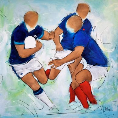 Rugby painting| The XV de France challenges Scotland at Murrayfield | Sports painting by Lucie LLONG, artist of movement