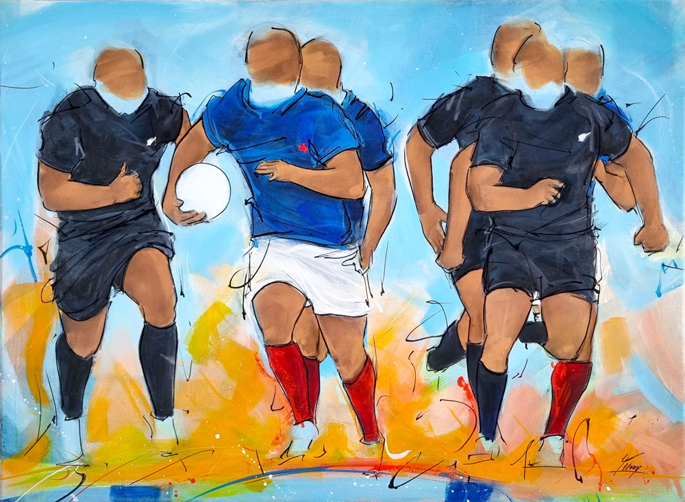Peinture de rugby | Les All blacks de Nouvelle Zélande défient le XV de France | Course rentrante | Tableau par Lucie LLONG, artiste du sport et du mouvement