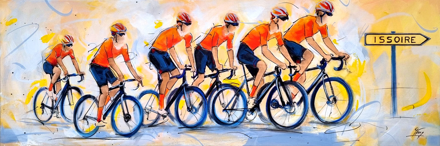 Tableau de sport | Cyclisme | 6 coureurs cyclistes s'entrainent sur les route de France - Tour de France - Peinture par Lucie LLONG, artiste peintre du mouvement