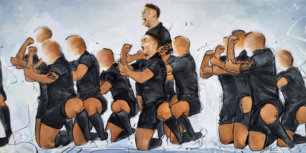 Tableau de sport | Rugby | Le haka des All Blacks de Nouvelle Zélande en peinture | Oeuvre par Lucie LLONG, artiste peintre du sport