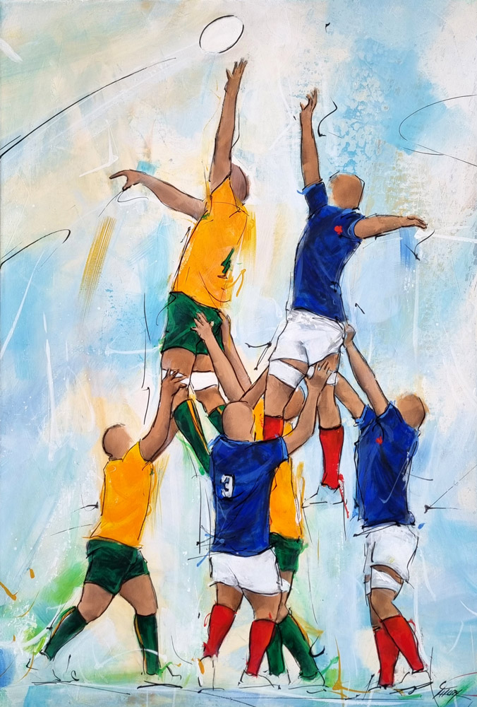 Peinture de rugby | Les wallabies d'Australie défient le XV de France | Touche raccourcie | Tableau par Lucie LLONG, artiste du sport et du mouvement