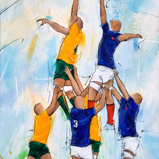 Peinture de rugby | Les wallabies d'Australie défient le XV de France | Touche raccourcie | Tableau par Lucie LLONG, artiste du sport et du mouvement