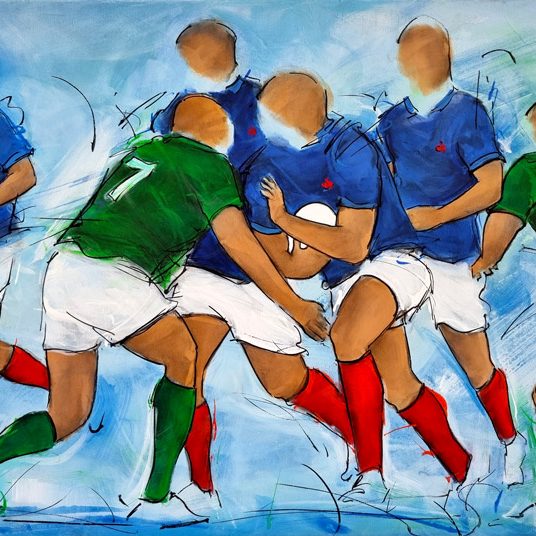 Tableau de sport | Rugby | Le XV de France vs l'Irlande | Coupe du monde de rugby FRANCE2023 | Peinture de Lucie LLONG, artiste peintre du sport et du mouvement