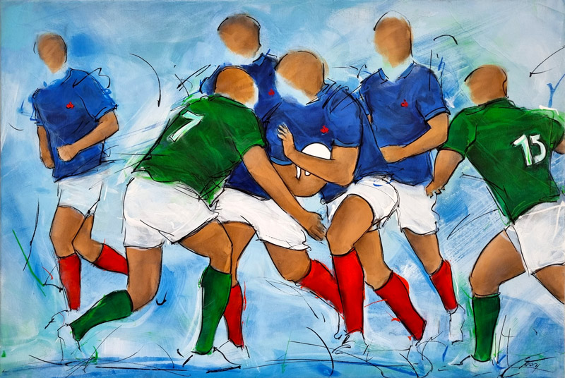 Tableau de sport | Rugby | Le XV de France vs l'Irlande | Coupe du monde de rugby FRANCE2023 | Peinture de Lucie LLONG, artiste peintre du sport et du mouvement